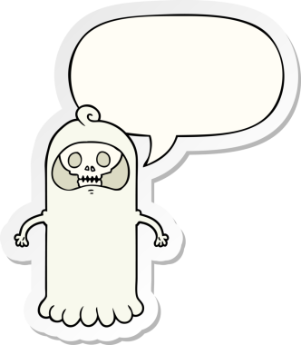 Bir insan tarafından çizilmiş konuşma baloncuğu çıkartmalı tuhaf kafatası hayaleti.