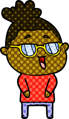 Bir insan tarafından çizilmiş gözlüklü mutlu kadın çizgi filmi.