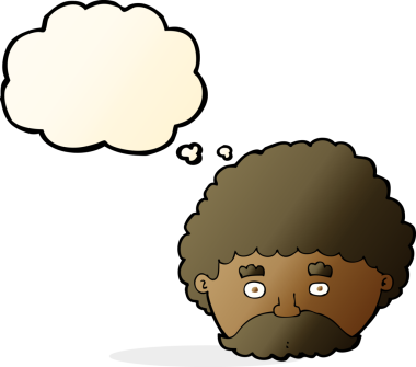 Bir insan tarafından çizilmiş düşünce baloncuklu bıyıklı çizgi film adamı.