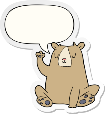 çizgi film ayısı; bir insan tarafından çizilmiş konuşma balonu çıkartmasıyla el sallıyor.