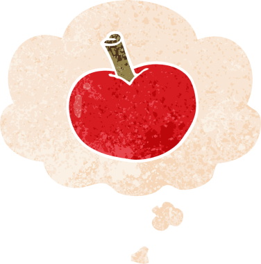 Düşünce baloncuklu çizgi film elması grunge sıkıntılı retro desenli bir insan tarafından çizilmiş