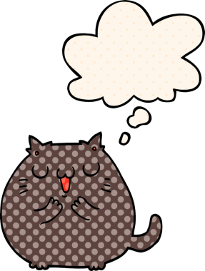 Bir insan tarafından çizilmiş çizgi roman tarzı düşünce balonu olan mutlu çizgi film kedisi.