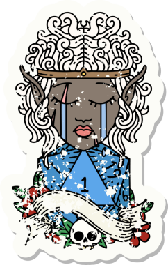 Retro Dövme Tarzı Ağlayan Elf Barbar Karakteri Bir D20 rulosu Bir insan tarafından çizilmiş