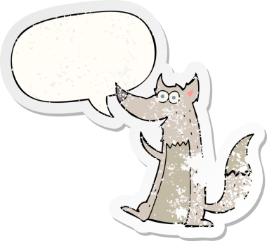 Konuşma baloncuğu olan karikatür kurdu, bir insan tarafından çizilmiş, kederli, eski bir çıkartma.