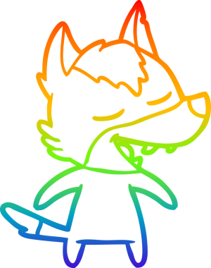 Gökkuşağı gradyan çizgi çizimi bir insan tarafından çizilmiş gülen bir kurt çizgi.