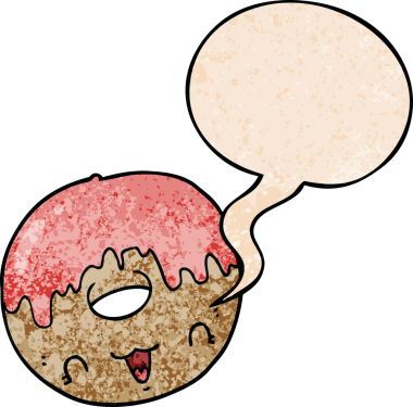 Bir insan tarafından çizilmiş geçmişe dönük konuşma baloncuklu tatlı çizgi film donutu.