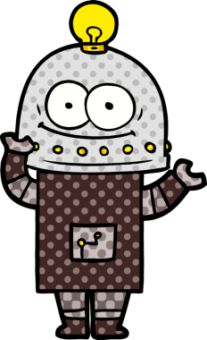 Bir insan tarafından çizilmiş ampullü mutlu karton robot.