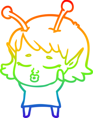 Gökkuşağı gradyan çizgisi. Bir insan tarafından çizilmiş şirin bir uzaylı kız çizgi filmi.