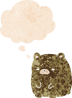 Düşünce baloncuklu karikatür üzgün ayı grunge sıkıntılı retro tarzı bir insan tarafından çizilmiş