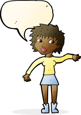 Bir insan tarafından çizilmiş konuşma balonuyla el sallayan karikatür dostu kadın.