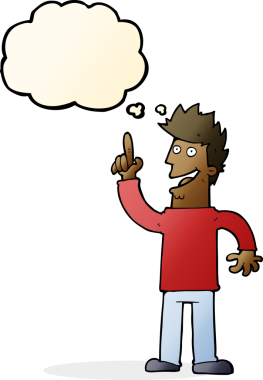 Bir insan tarafından çizilmiş düşünce baloncuğu olan yeni harika bir fikri olan çizgi film adamı.