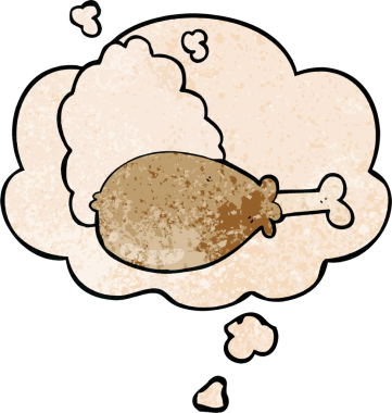 çizgi film tavuk bacağı ve insan tarafından çizilmiş grunge dokuma tarzı düşünce baloncuğu.