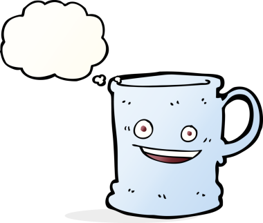 Bir insan tarafından çizilmiş düşünce baloncuklu çizgi film kupası.