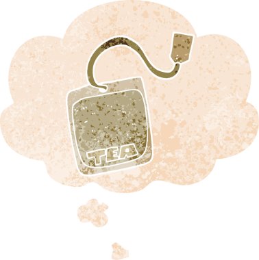 Düşünce baloncuklu karikatür çay poşeti grunge sıkıntılı retro dokuma tarzı bir insan tarafından çizilmiş