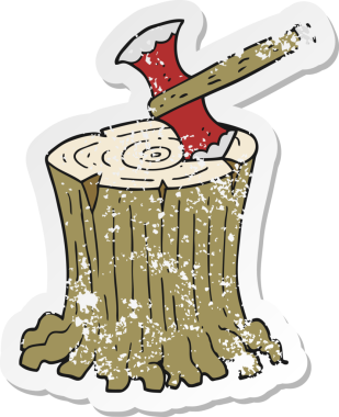 Bir insan tarafından çizilmiş ağaç kütüğündeki çizgi film baltasının gerilimli retro yapıştırması