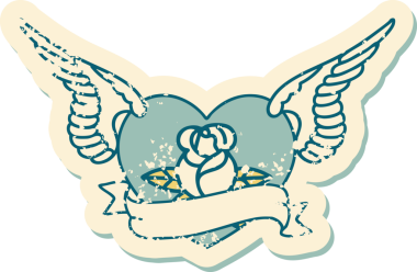 Bir insan tarafından çizilmiş çiçek ve pankartıyla uçan bir kalbin sembolik dövmeli resmi.