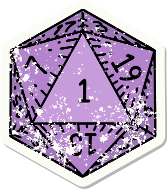 Bir insan tarafından çizilmiş 1 D20 zarının grunge sticker 'ı
