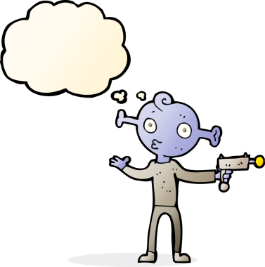 Bir insan tarafından çizilmiş düşünce baloncuklu ışın tabancalı bir uzaylı çizgi filmi.