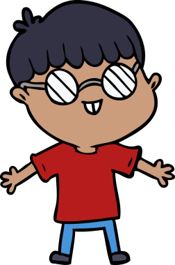 Bir insan tarafından çizilmiş gözlük takan çizgi film çocuğu.