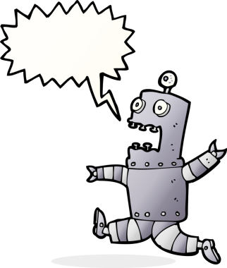 Bir insan tarafından çizilmiş konuşma balonu olan korkmuş robot çizgi film.