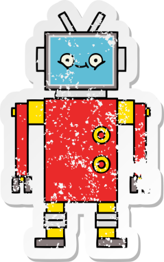 Bir insan tarafından çizilmiş sevimli bir robot çizgi film çıkartması.