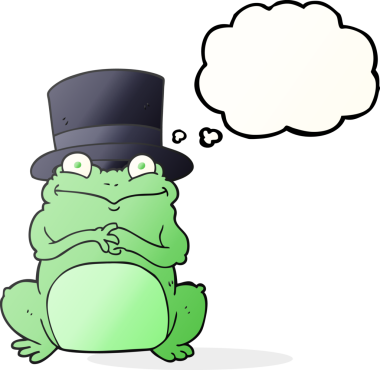 Bir insan tarafından çizilmiş serbest çizim baloncuk kurbağa silindir şapkalı.