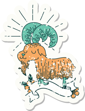 Bir insan tarafından çizilmiş eski bir dövme stili mutlu keçi etiketi.