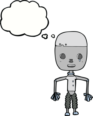 Bir insan tarafından çizilmiş düşünce baloncuklu çizgi film robotu