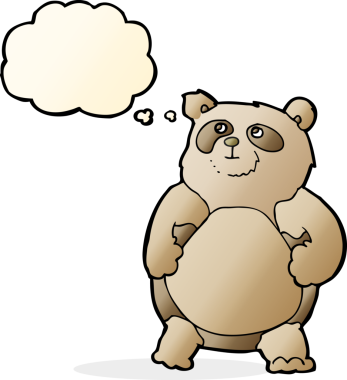 Bir insan tarafından çizilmiş düşünce baloncuklu çizgi film ayısı.