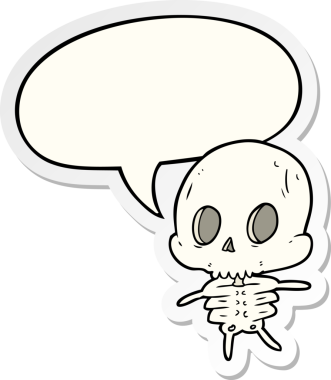 Bir insan tarafından çizilmiş konuşma kabarcığı çıkartmalı şirin bir karikatür iskeleti.