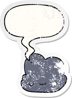 Konuşma baloncuğu olan sevimli çizgi film bulutu bir insan tarafından çizilmiş sıkıntılı eski bir çıkartma