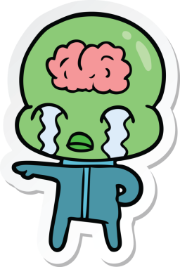 Bir çizgi film çıkartması. Bir insan tarafından çizilmiş büyük beyinli uzaylı ağlaması.