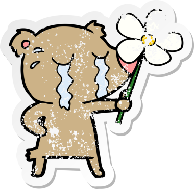 Bir insan tarafından çizilmiş çiçekli, ağlayan bir ayının hüzünlü çıkartması.