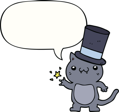 Bir insan tarafından çizilmiş konuşma baloncuklu silindir şapkalı bir kedi.