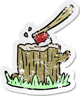 Bir insan tarafından çizilmiş ağaç kütüğündeki çizgi film baltası.