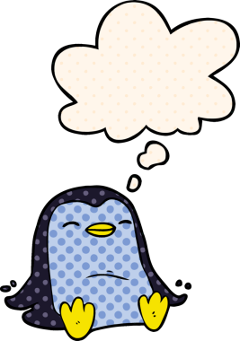 Çizgi roman tarzında bir insan tarafından çizilmiş düşünce baloncuğu olan penguen.