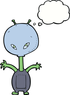 Bir insan tarafından çizilmiş düşünce baloncuğu olan bir uzaylı çizgi filmi.