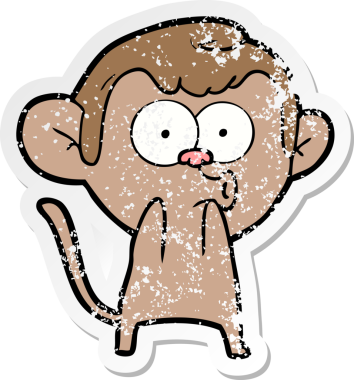 Bir insan tarafından çizilmiş üzgün bir çizgi film çıkartması. Şaşırmış bir maymun.