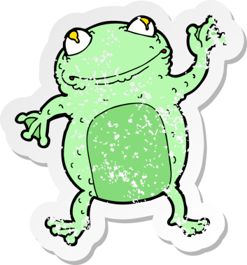 Bir insan tarafından çizilmiş karikatür kurbağasının gerilemiş çıkartması.