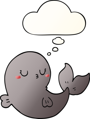 Düşünce baloncuğu bir insan tarafından çizilmiş tatlı çizgi film balinası.