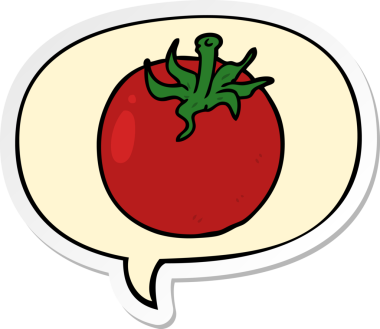 bir insan tarafından çizilmiş konuşma kabarcığı çıkartmalı taze domates.