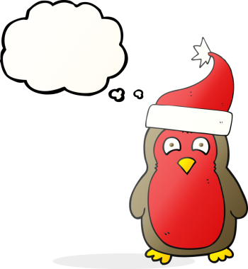 Bir insan tarafından çizilmiş Noel şapkası takan serbest çizim baloncuk karikatür robin.