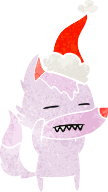 Bir insanın çizdiği Noel Baba şapkasını takan bir kurdun el çizimi karikatürü.