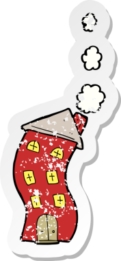 Bir insan tarafından çizilmiş komik bir karikatür evinin gerilimli retro yapıştırması.