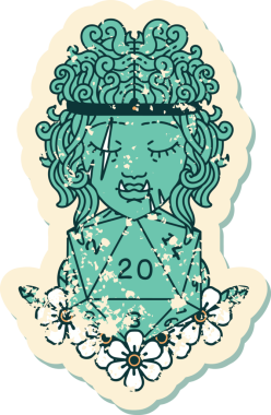 Retro Dövme Tarzı Ork barbarlığı. Bir insan tarafından çizilmiş doğal yirmi zar.