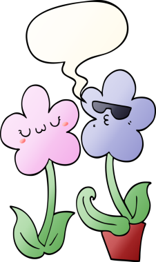 Bir insan tarafından çizilmiş yumuşak eğimli konuşma baloncuğu olan sevimli çizgi film çiçekleri.