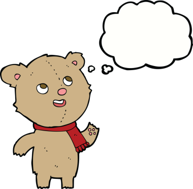 Bir insan tarafından çizilmiş düşünce baloncuklu atkı takan çizgi film ayısı.