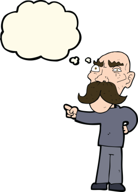 Bir insan tarafından çizilen düşünce baloncuğuyla işaret eden yaşlı adam sinirlendi.