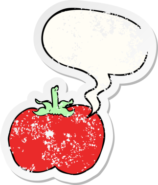 Konuşma baloncuklu çizgi film domatesi bir insan tarafından çizilmiş sıkıntılı eski bir çıkartma