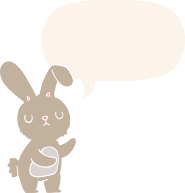 Konuşma baloncuğu olan sevimli çizgi film tavşanı insan tarafından çizilmiş.